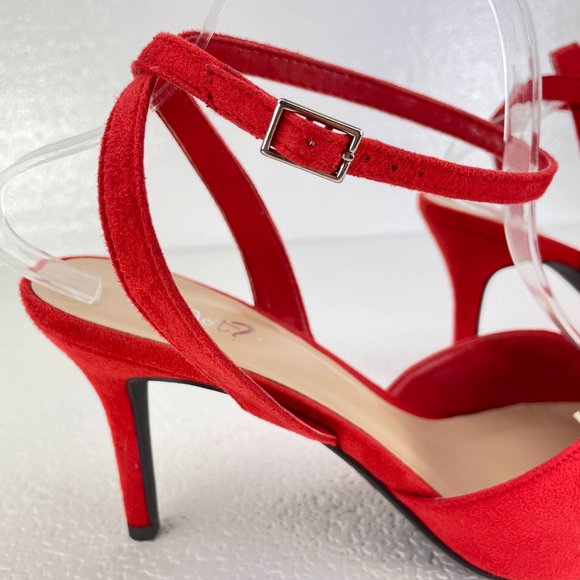 Red faux microsuede pointed toe ankle wrap heels - SZ 9 - Picture 3 of 7